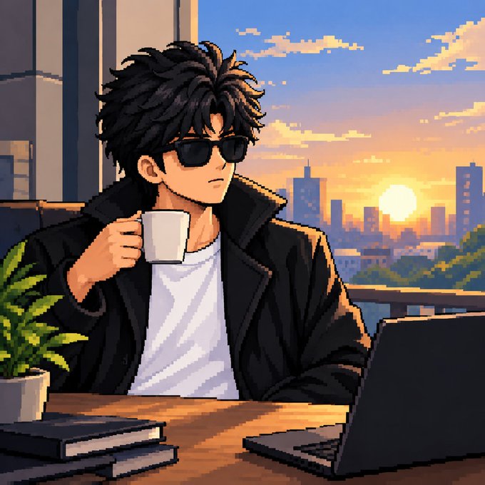 Pixel art style illustration of a young man with messy black hair and sunglasses, drinking coffee while working on a laptop with a city skyline at sunset behind him.