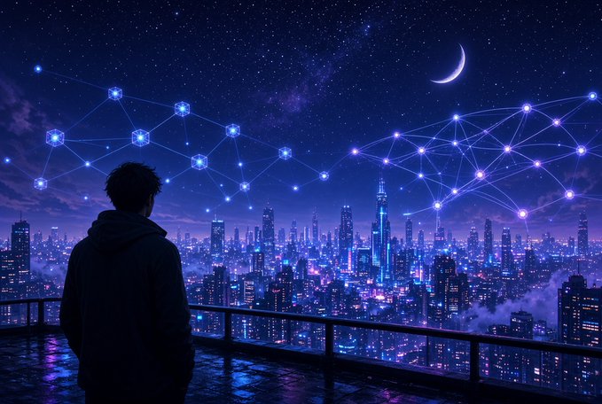 An anime-style illustration of a person in a dark hoodie standing on a rooftop at night, looking out over a glowing futuristic city skyline connected by a network of bright nodes under a crescent moon.