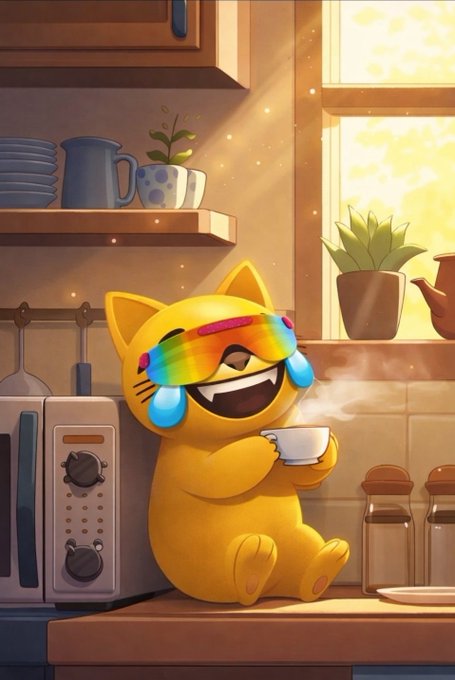 The image features a cartoon cat sitting at a kitchen counter with its eyes closed while holding a cup of coffee or tea. The cat appears to be wearing sunglasses and has a big smile, giving off a happy vibe. In the background, there are various kitchen items such as cups, bowls, and potted plants that add to the cozy atmosphere. The post includes text that reads "Gmog to all that are still here, Valhalla awaits you $MOG". This suggests that the image is related to a humorous or whimsical scene involving the cat's actions in the kitchen.