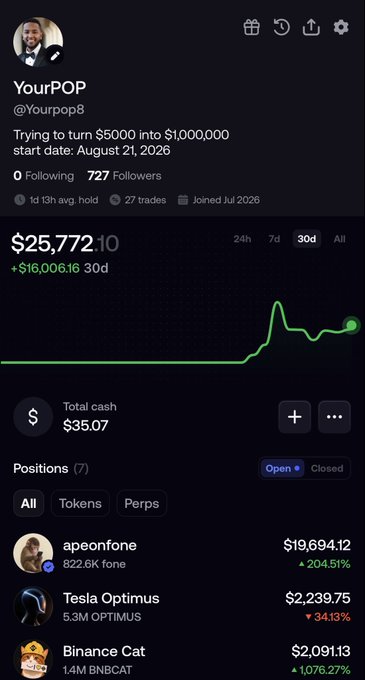 A mobile trading app screen showing a portfolio named 'YourPOP' with a goal to 'turn $5000 into $1,000,000' and holdings including 'apeonfone', 'Tesla Optimus', and 'Binance Cat'.