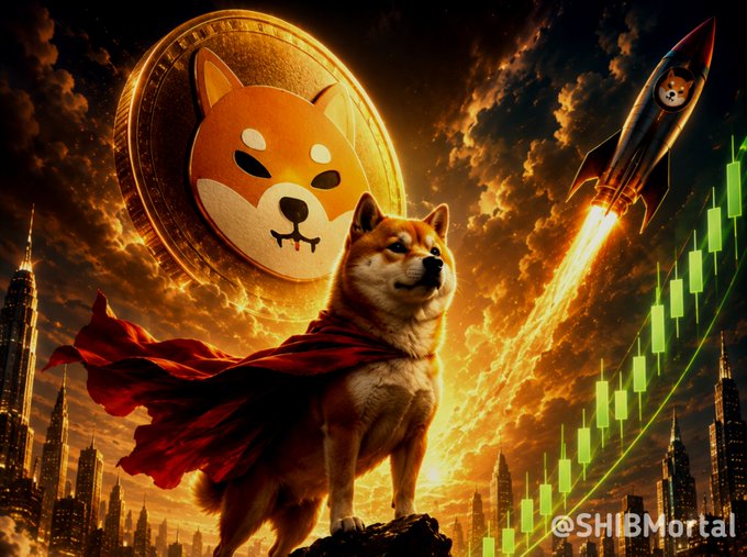 A heroic Shiba Inu stands triumphantly in a red cape beside a giant $SHIB coin, with a rocket blasting through fiery clouds over a soaring green candlestick chart—visualizing the post's message that buying SHIB at current prices will prove rewarding when the next bull market sends it to all-time highs.