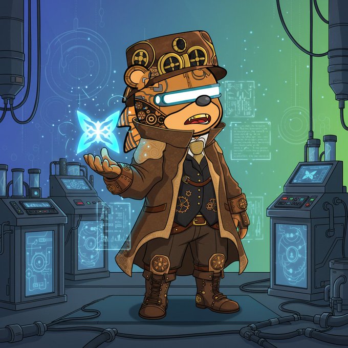A cartoon anthropomorphic bear character dressed in steampunk attire with goggles and a top hat, holding a glowing blue butterfly in a high-tech laboratory setting.