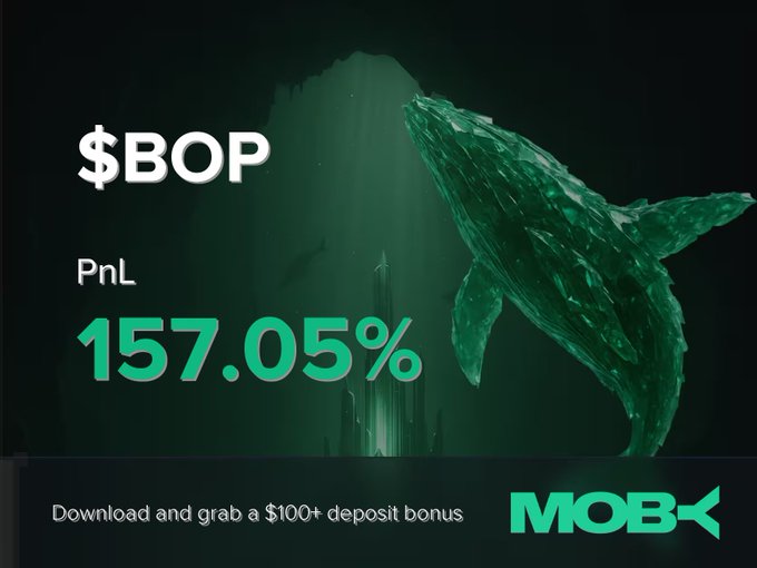 The image shows a promotional graphic for Moby featuring a green, geometric-style whale alongside "$BOP" text and a highlighted "PnL 157.05%," with a footer inviting users to "Download and grab a $100+ deposit bonus." The graphic visually reinforces the post's win alert, showcasing the trader's impressive 157.05% profit on the $BOP position alongside the mobile platform's branding.