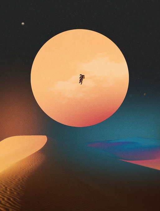A surreal illustration depicts an astronaut floating in space in front of a large orange planet, with colorful planetary landscapes and distant celestial bodies in the background.