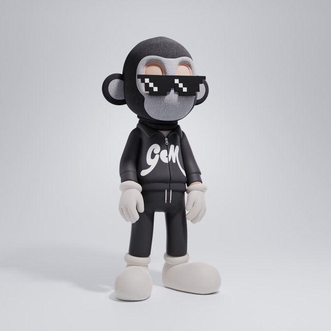 A 3D rendered cartoon monkey character with a knit texture wearing pixelated sunglasses, white gloves, white boots, and a black hoodie with 'GOM' written on it.
