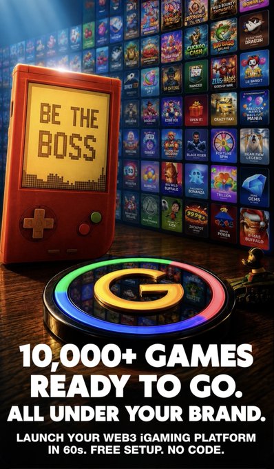 A retro-style handheld gaming device displays "BE THE BOSS" on its screen, set against a backdrop of numerous game thumbnails, with a glowing circular platform featuring the letter "G" in the foreground. The text "10,000+ GAMES READY TO GO. ALL UNDER YOUR BRAND. LAUNCH YOUR WEB3 iGAMING PLATFORM IN 60s. FREE SETUP. NO CODE." promotes the Web3 gaming platform powered by the $G Coin utility token.