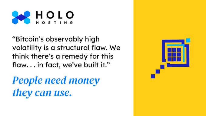 Holo Hosting logo with a quote addressing Bitcoin's volatility, stating "People need money they can use," promoting the upcoming migration from $HOT to $HoloFuel on July 30th.