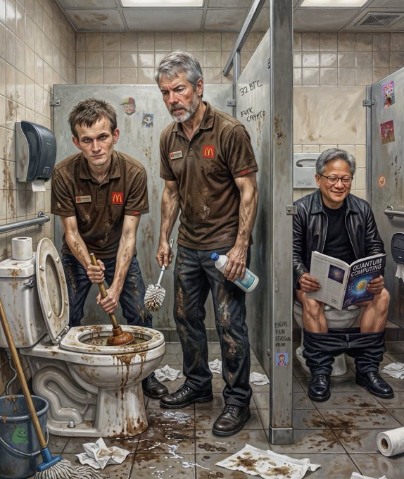 The image depicts a bathroom scene with three men standing around a toilet, one of whom appears to be cleaning the toilet bowl while another man reads a book nearby. The third person is sitting on the toilet seat. A sign above the toilet reads "Tom Li? So hard to lose weight! $BTC".