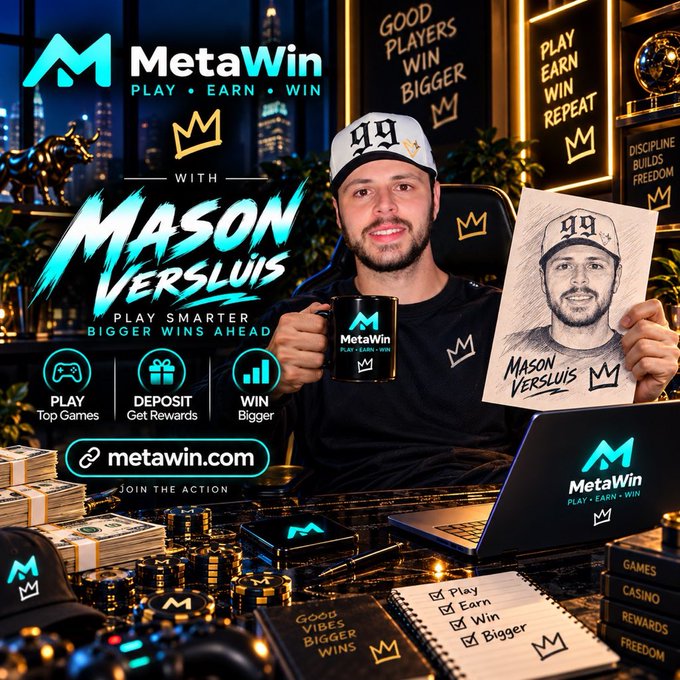 A promotional banner for MetaWin featuring Mason Versluis, showing him holding a MetaWin mug and a sketch, with text 'PLAY • EARN • WIN' and 'PLAY SMARTER BIGGER WINS AHEAD'.