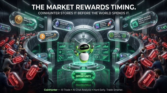 The image is a promotional graphic for "CoinHunter," an AI trading platform, featuring a central green robot mascot inside a high-tech vault labeled "NEXT OPPORTUNITY." Floating screens display various cryptocurrencies with timestamps of past opportunities (e.g., "Bitcoin before 2017," "Ethereum before DeFi," "Solana before the rockets," "PEPE before it was a crop," "PEPE before it went viral"), while businessmen around the perimeter carry red capsules labeled "Missed," "Already Pumped," and "Too Late," visually illustrating the post's message that fortunes are made by recognizing opportunities before the rest of the market catches on.