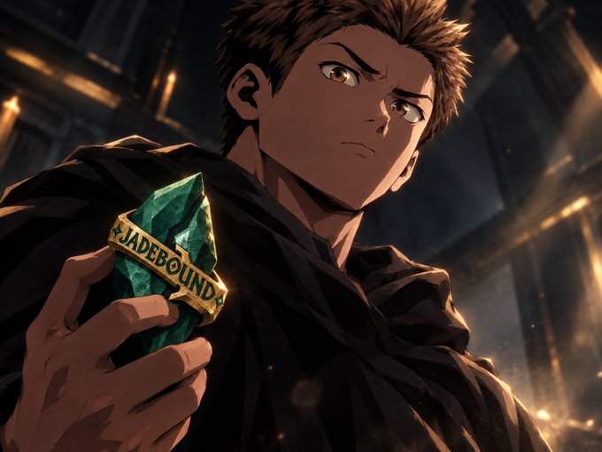 An anime-style illustration of a young man with spiky brown hair and golden eyes holding a glowing green crystal labeled 'JADEBOUND', set against a dimly lit interior background.
