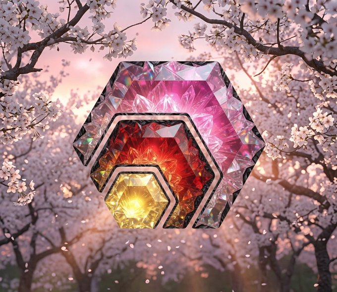 A colorful hexagonal crystal-like digital artwork with pink, red, and yellow glowing sections, set against a backdrop of cherry blossom trees at sunset.