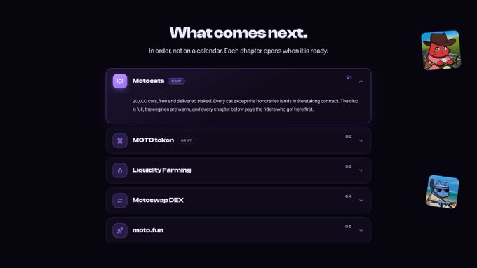 A dark-themed website roadmap titled 'What comes next.' listing upcoming features: Motocats, MOTO token, Liquidity Farming, Motoswap DEX, and moto.fun.