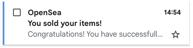 An email notification from OpenSea at 14:54 stating "You sold your items!" with a preview reading "Congratulations! You have successfull..."