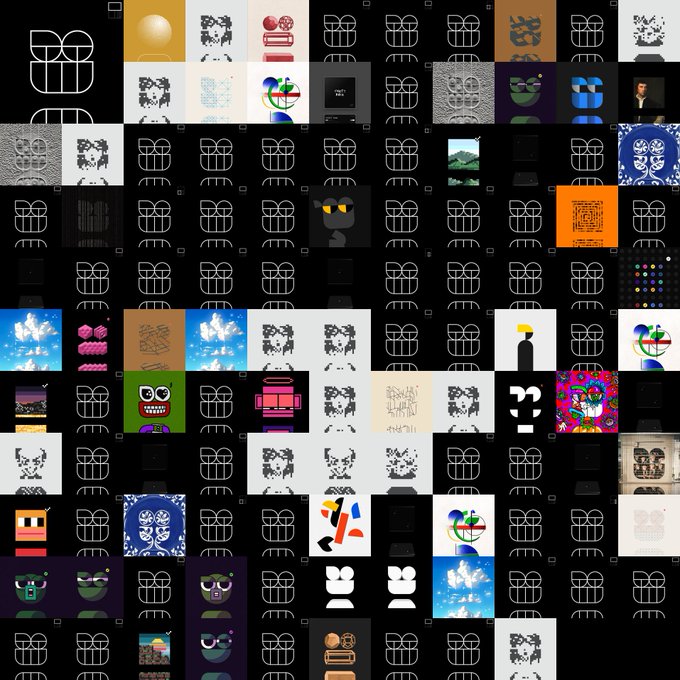A larger version of the grid collage from image 6, showing numerous small digital artworks, pixel art characters, abstract designs, and memes arranged in rows.