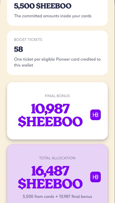 A mobile app interface showing cryptocurrency rewards including '5,500 $HEEBOO', '58 BOOST TICKETS' for Pioneer cards, a 'FINAL BONUS' of '10,987 $HEEBOO', and a 'TOTAL ALLOCATION' of '16,487 $HEEBOO'.