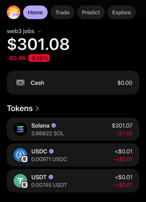 A crypto wallet home screen for 'web3 jobs' showing a portfolio value of $301.08 (-0.15%), with holdings including 3.98822 SOL ($301.07), 0.00971 USDC, and 0.00745 USDT.