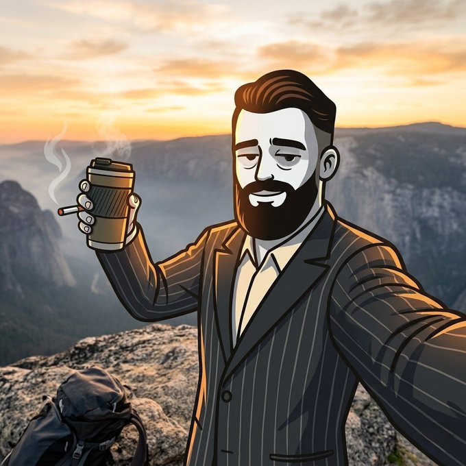 A stylized illustration of a bearded man in a pinstripe suit holding a steaming coffee cup and cigarette, taking a selfie at a mountain overlook during sunset.