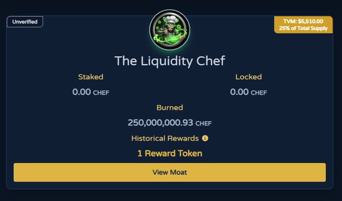 A dark-themed cryptocurrency interface for 'The Liquidity Chef' displays TVM: $5,510.00, 25% of Total Supply, with 250,000,000.93 CHEF tokens burned and a 'View Moat' button.