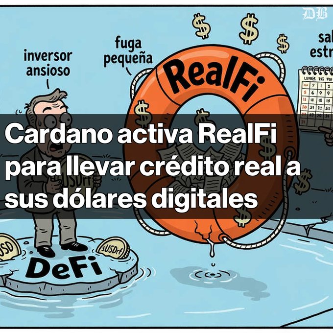 A cartoon illustration showing an anxious investor on a DeFi ice floe and a small escape regarding Cardano, featuring a large life preserver labeled 'RealFi' and Spanish text reading 'Cardano activa RealFi para llevar crédito real a sus dólares digitales'.