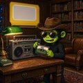 A 3D-rendered cartoon character wearing a brown cowboy hat sits in a leather chair in a dimly lit room, looking at a glowing green phone next to a vintage radio.