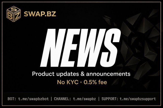 A black promotional graphic with the logo 'SWAP.BZ' and large white text reading 'NEWS', noting 'Product updates & announcements', 'No KYC • 0.5% fee', and Telegram links.