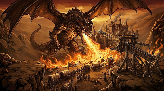 A fantasy illustration of a large dragon breathing fire on a castle while soldiers operate a trebuchet.
