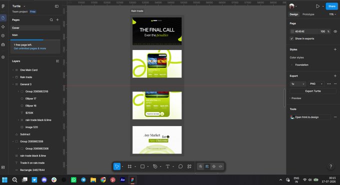 A Figma design workspace showing a mobile UI prototype titled "Even the JerusAlep" with green-themed screens for a "Ram trade" page.