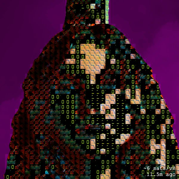 The image features a digital art piece that appears to be a collage of various images, including a person's face with a lot of green squares surrounding it. The background color of the image is purple, which contrasts with the black square containing the face. The image also contains text that reads "6 sats/7.5 m ago" and "@Satflow Automated by hootertech".