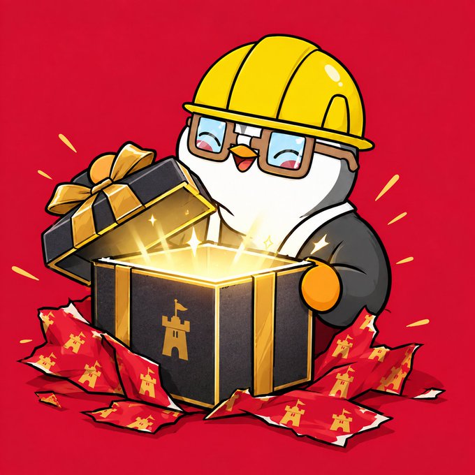 A cartoon mascot of a smiling penguin wearing a yellow hard hat and safety glasses, opening a black gift box with gold trim that emits a golden glow, surrounded by red envelopes featuring a castle logo.