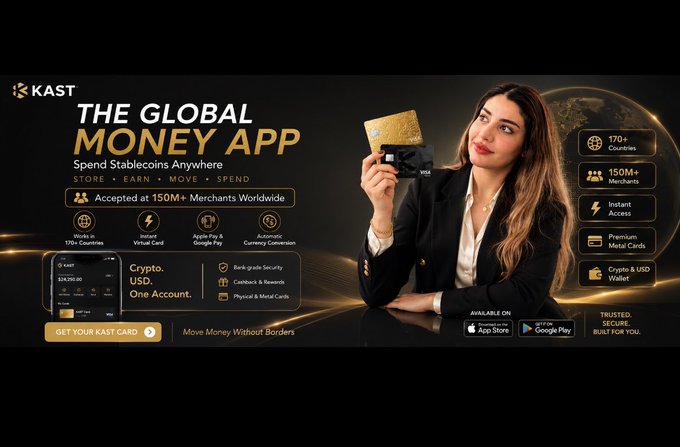 The image features a woman holding up two gold cards, one of which appears to be a credit card. The text above her reads "The global money app" and "The future of digital payments is just one card away". Below this, there are several other descriptions related to the app's features such as spending stablecoins worldwide, accessing your money without borders, and seamless global payments.