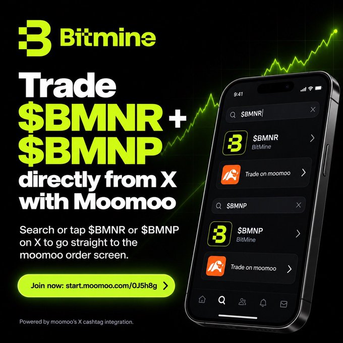 A promotional graphic from BitMine announces that users can now trade $BMNR and $BMNP directly from X via Moomoo, featuring a smartphone mockup of the X app showing search results for both tickers with "Trade on moomoo" options, set against a black background with a glowing green upward stock chart and a call-to-action link at start.moomoo.com/0J5h8g.