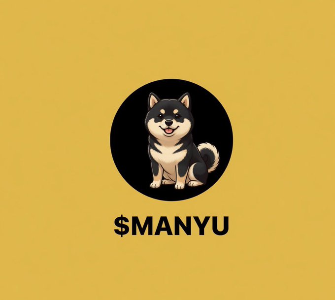 The image features a black and white dog sitting inside a circle, with the word "MANNYU" written above and below the dog. The text is in all capital letters, making it stand out against the background of the yellow square. The main focus of the image is on the dog's position within the circle, which draws attention to its presence.