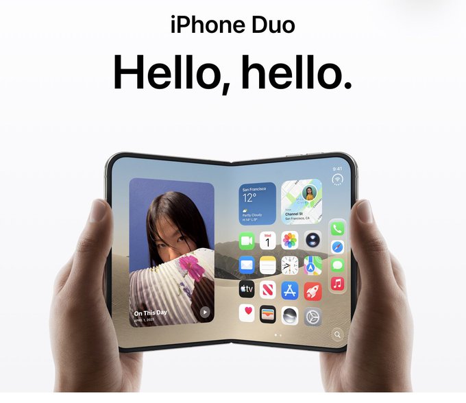 The image is a mockup titled "iPhone Duo" with the headline "Hello, hello," showing hands holding a foldable, book-style dual-screen iPhone concept that displays a photo on the left screen and iOS home screen widgets, apps, and the time "9:41" on the right. The dual-screen layout cleverly supports the post's idea of multitasking two apps side-by-side, like Pumpfun and Instagram Reels running simultaneously.