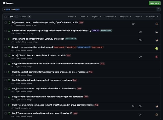 A GitHub Issues page showing multiple open issues for what appears to be an agentos/CLI project, including bug reports about OpenCAP router crashes, Slack socket mode ignoring slash_commands, Discord slash interactions not being acknowledged, and Telegram command failures.