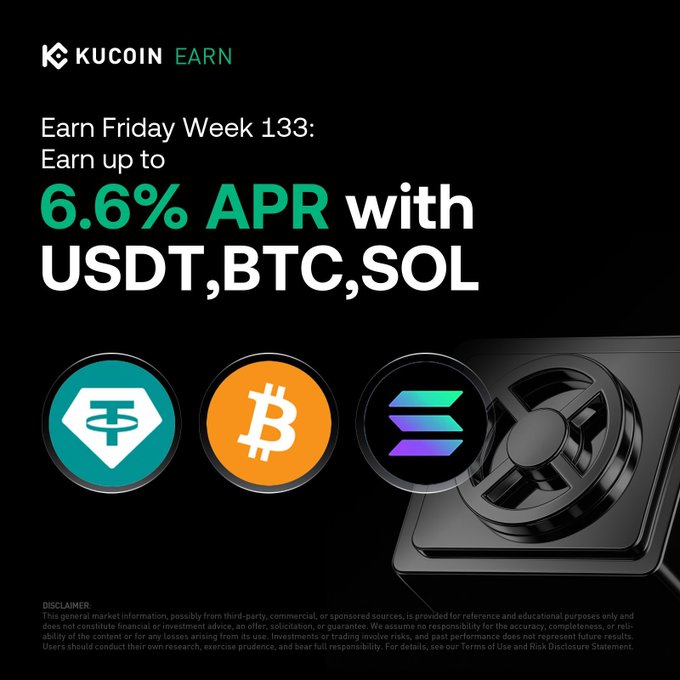 A KuCoin EARN promotional graphic advertising 'Earn Friday Week 133' with up to 6.6% APR on USDT, BTC, and SOL staking.