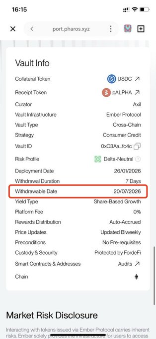A screenshot of a vault info page showing details including Collateral Token (USDC), Receipt Token (pALPHA), Curator (Axil), Vault Infrastructure (Ember Protocol), and notably highlighting a "Withdrawable Date" of 20/07/2026, which contradicts the user's claim that funds are locked until October 20th despite no redemption action being required between June 17 - July 1.