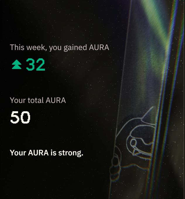 The image is a screenshot of an app named 'aura' showing a score of 32 out of 50, indicating that the user has gained 32 points out of 50 during their recent use of the app. The text "This week, you gained AURA" and "Your total AURA is strong." suggests that the user is doing well in terms of points gained and is encouraged to keep up with their progress on the app.