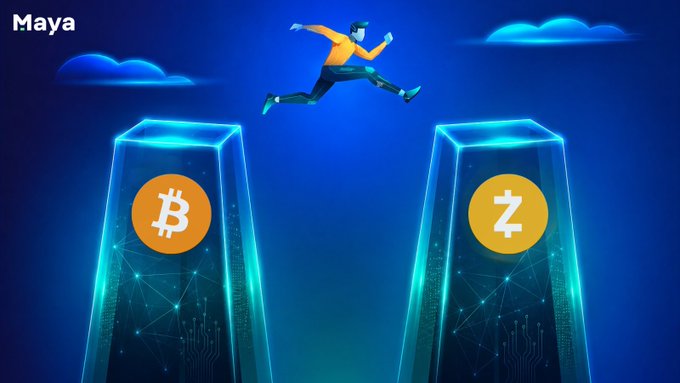A stylized illustration of a person leaping between two glowing digital pillars labeled with Bitcoin (₿) and Zcash (ⓩ) cryptocurrency logos against a blue sky, with 'Maya' text in the corner.