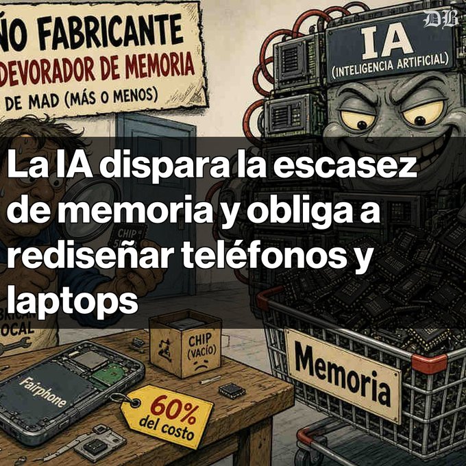 A cartoon illustration with the Spanish headline 'La IA dispara la escasez de memoria y obliga a rediseñar teléfonos y laptops,' depicting a menacing AI machine hoarding memory chips while a worker struggles with phone components.