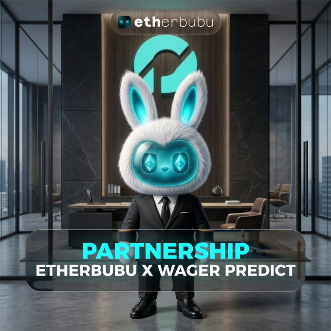 A fluffy white bunny mascot in a suit stands in a modern office, with the "etherbubu" logo above and a banner reading "PARTNERSHIP ETHERBUBU X WAGER PREDICT" below, visually announcing the collaboration between the two platforms on BNB Chain prediction markets.