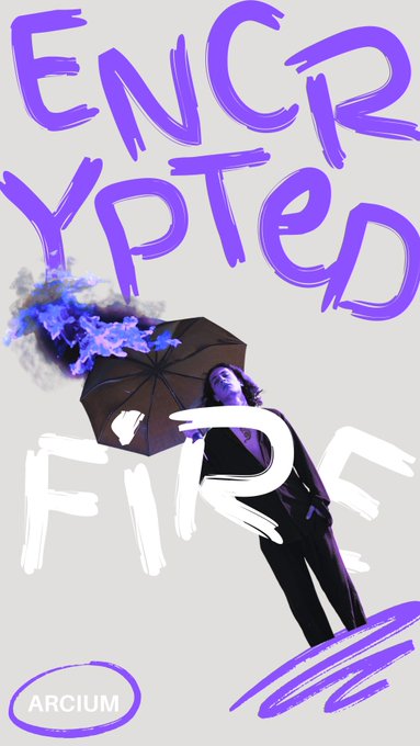 The image features a person standing under an umbrella with blue smoke coming out of it. The text "ENCRYPTED FIRE" is written above the person's head, indicating that their identity has been encrypted or altered. The phrase "ARX all over my TL Encrypt Everything, Compute Anything Encrypted Fire" suggests that this image might be related to a discussion about encryption techniques and how they can be used in various contexts.