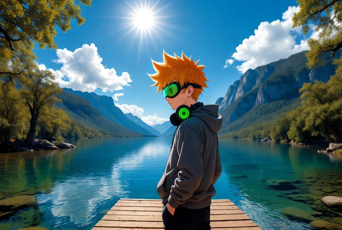 An anime-style illustration of an orange-haired character wearing green headphones and goggles standing on a dock overlooking mountains and a lake.