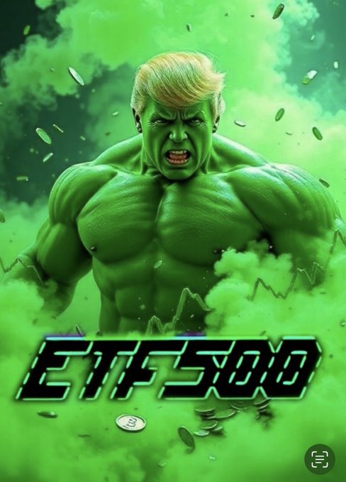 A stylized image of Donald Trump depicted as the Hulk with green skin and muscles, with stylized text 'ETF500' below.