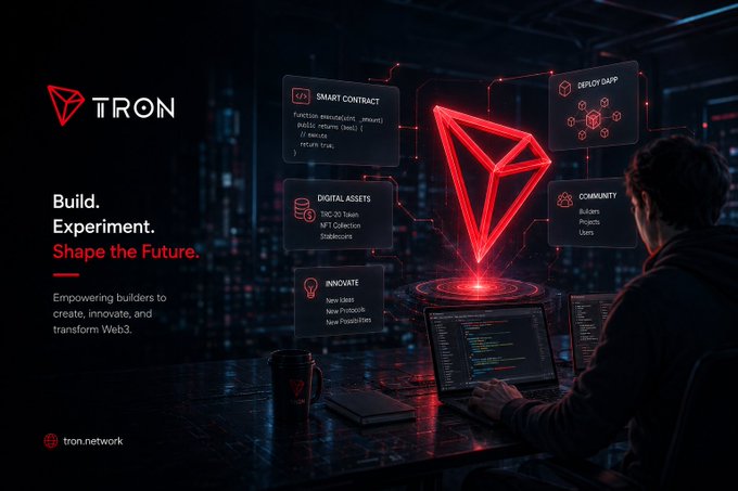 Promotional banner for the TRON network with the text 'Build. Experiment. Shape the Future.' and 'Empowering builders to create, innovate, and transform Web3,' showing a developer at a laptop with floating UI panels for 'SMART CONTRACT,' 'DEPLOY DAPPS,' 'COMMUNITY,' 'DIGITAL ASSETS,' and 'INNOVATE.'