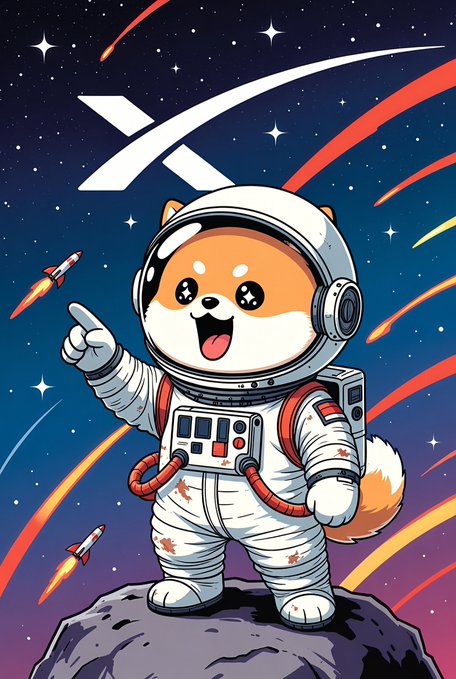 An adorable cartoon Shiba Inu dressed as an astronaut points excitedly into a starry cosmos filled with rockets and shooting stars. The space-themed illustration playfully mirrors the post's discussion of competing asteroid-themed crypto tokens ($ASTEROID) on different platforms, using the cute dog astronaut as a fun visual mascot for the "asteroid" ticker.