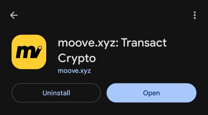 A screenshot of an app store page for "moove.xyz: Transact Crypto" showing the app icon, developer name "moove.xyz", and buttons for "Uninstall" and "Open".