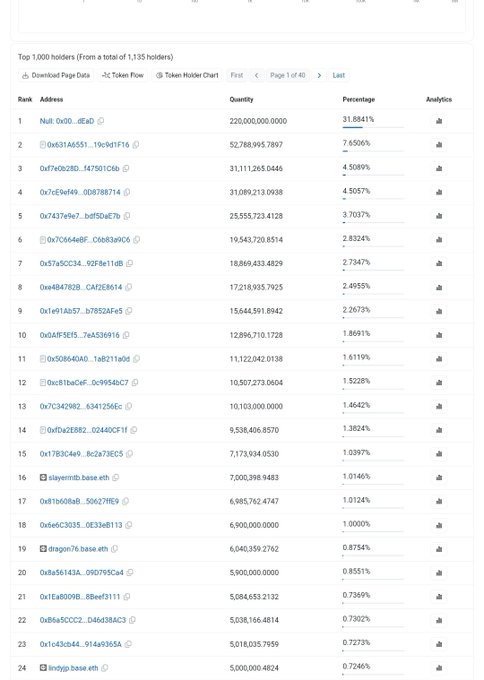 A token holder leaderboard table titled 'Top 1,000 holders (from a total of 1,135 holders)' showing wallet addresses, quantities, and percentages, with the top entry 'Null: 0x00...dEaD' holding 31.8841%.