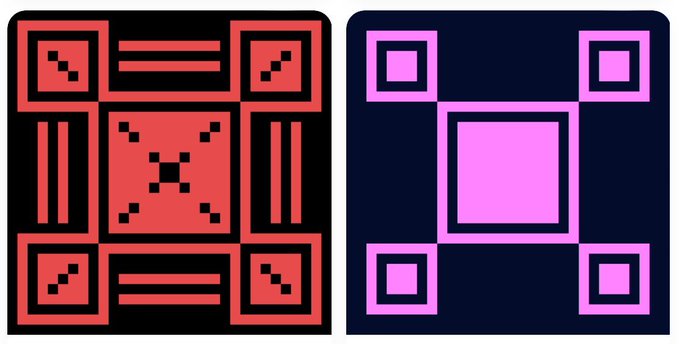 Two QR codes side by side: a red/black pixelated QR code on the left and a purple/black QR code on the right.
