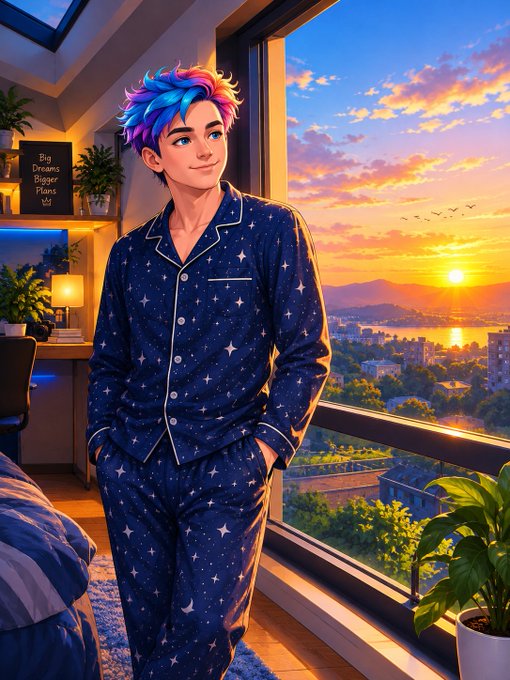 Digital anime-style illustration of a young man with rainbow-colored hair wearing starry blue pajamas, standing in a cozy bedroom overlooking a city sunset.